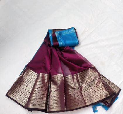 Blue and Maroon Kanjivaram Silk Saree With Blouse Piece Blue and Maroon Kanjivaram Silk Saree With Blouse Piece