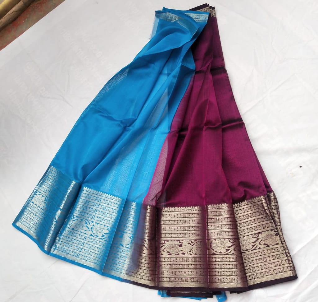 Blue and Maroon Kanjivaram Silk Saree With Blouse Piece