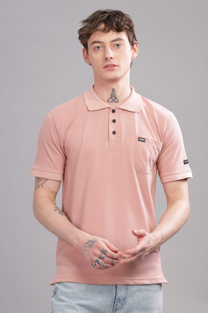 Men Solid Polo Neck Poly Cotton Pink T-Shirt