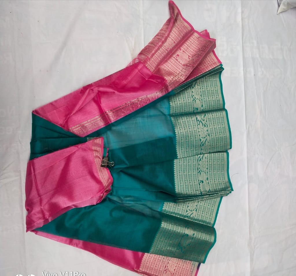 Green and Rose Pink Silk Saree With Blouse Piece