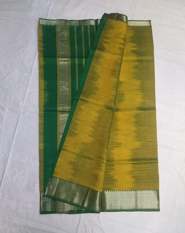 Green and mustard yellow pure handloom Kanchipuram silk saree with zari border