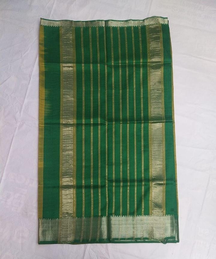 Green and mustard yellow pure handloom Kanchipuram silk saree with zari border