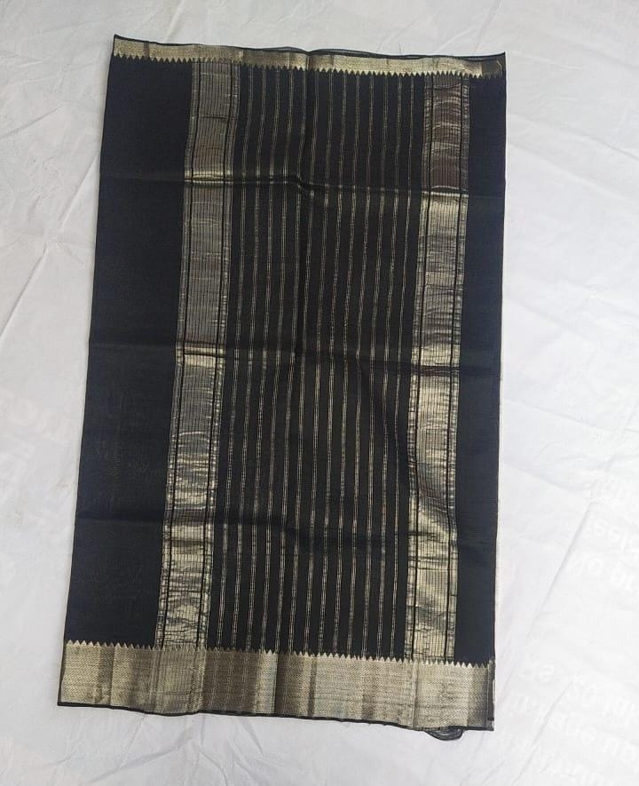 Black and White Striped Saree with Golden Border