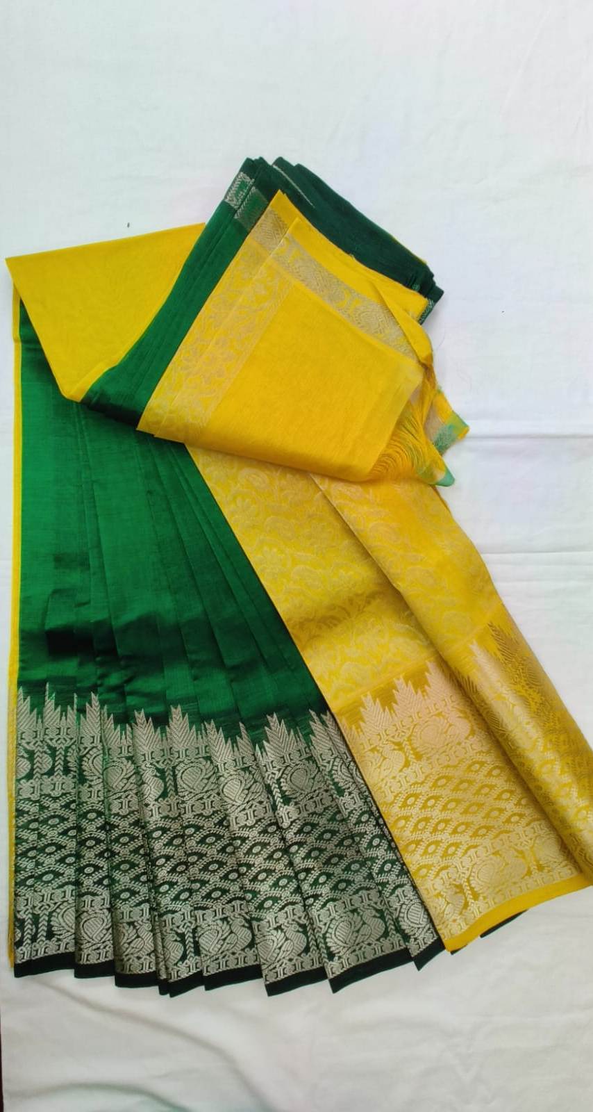 Green and Yellow Kanchipuram Silk Saree With Silver Zari Border