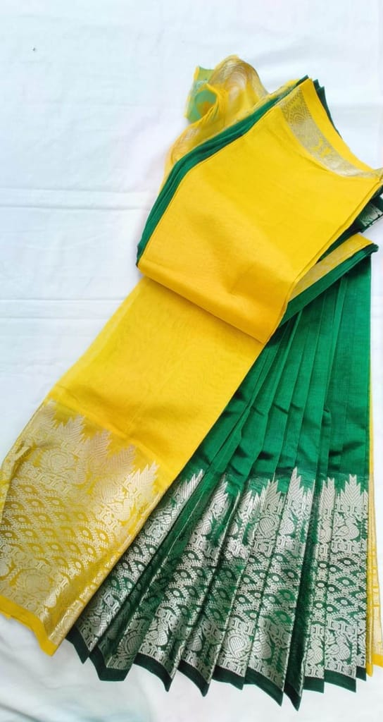 Green and Yellow Kanchipuram Silk Saree With Silver Zari Border