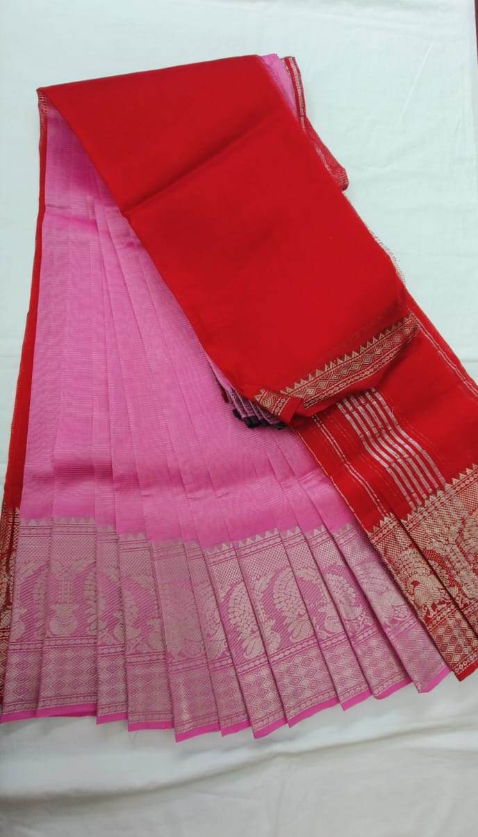  Pink and red dual tone handloom cotton saree with zari border