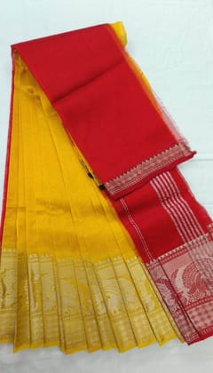  Yellow and Red Pure Handloom Cotton Saree With Blouse Piece