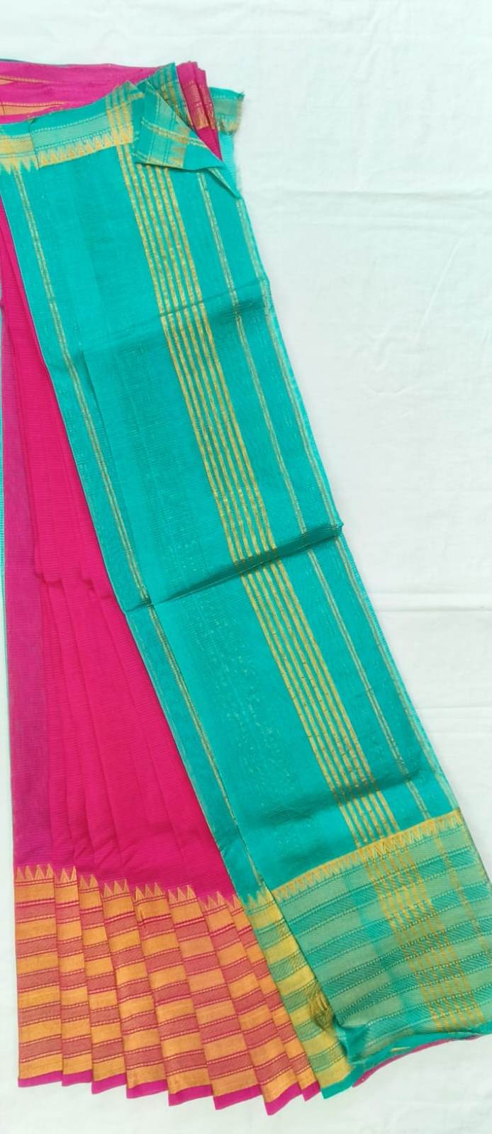 Pink and Blue Traditional Saree With Golden Zari Border