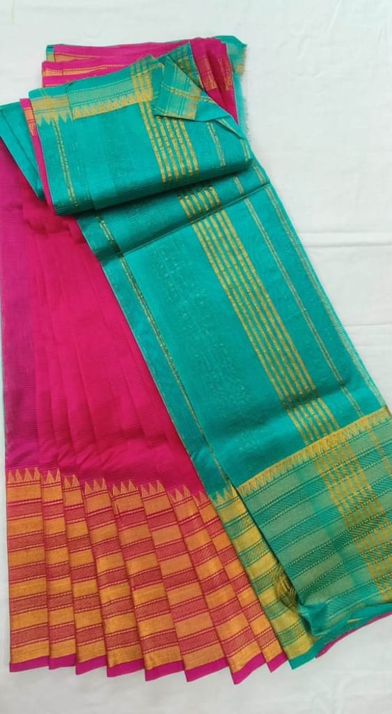Pink and Blue Traditional Saree With Golden Zari Border