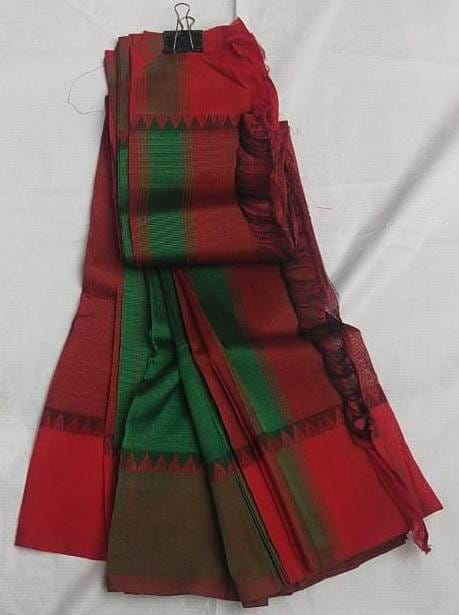 Mangalagiri Handloom Red and Green Silk Saree with Blouse Piece