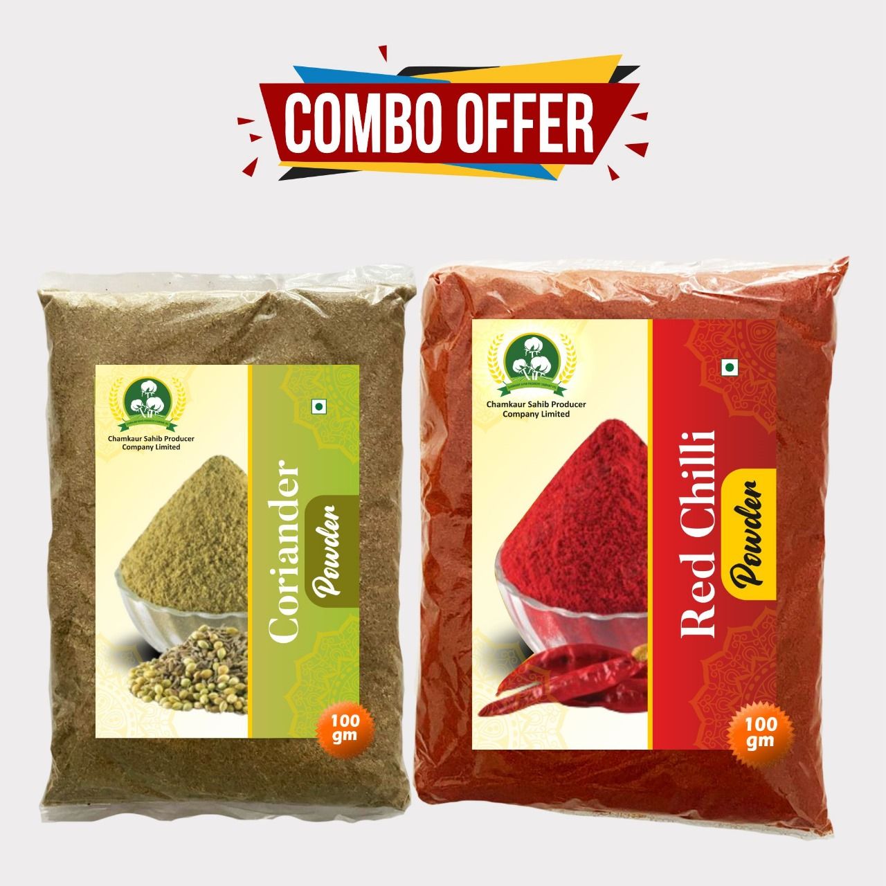 Pure Red Chilli & Coriander Powder 200gm (Combo pack of 2 x 100gm) by Chamkaur Sahib - Pure, Fresh & Flavorful Indian Spices. 
