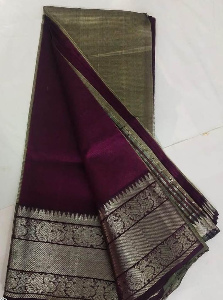 Grape Wine Silk Saree With Silver Zari Border