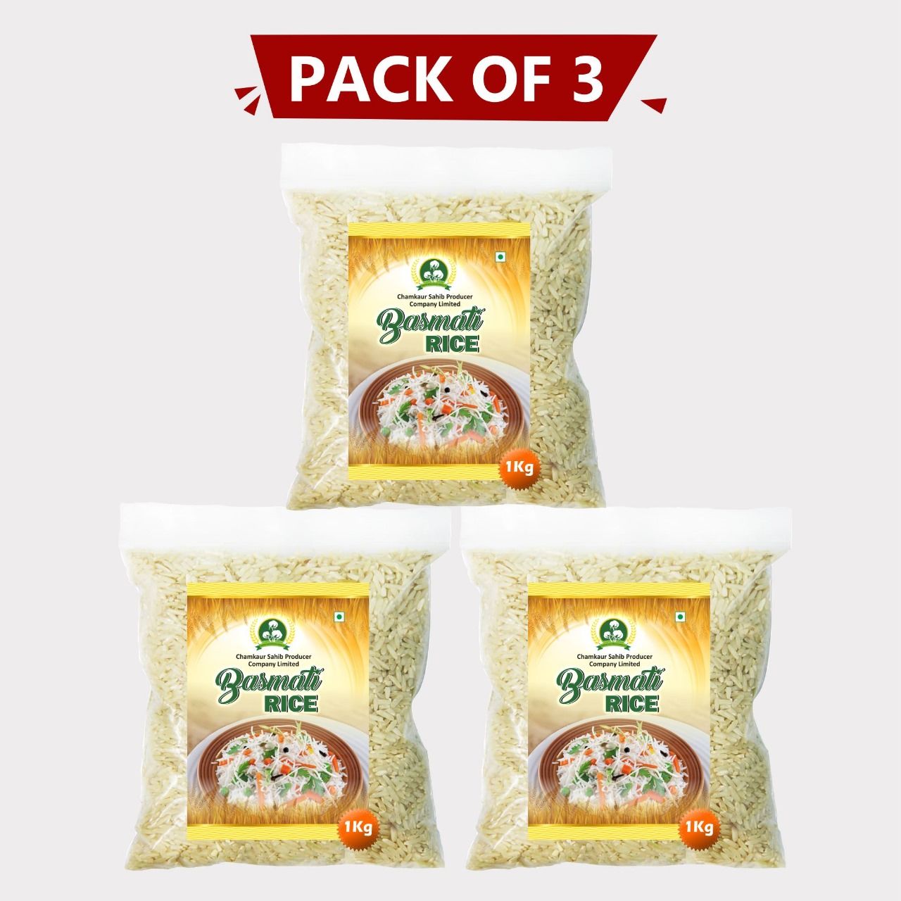 Sahib Basmati Rice 3kg (Pack of 3 × 1 kg) by Chamkaur – Long-Grain, Aromatic & Premium Indian Rice.