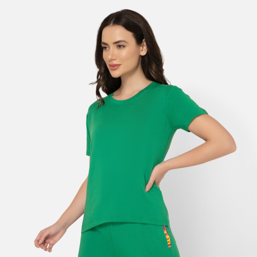 Bummer Women's Round Neck Solid Lounge T-Shirts | Relaxed Fit,Terry Modal & Half-Sleeve Tshirt - Matcha