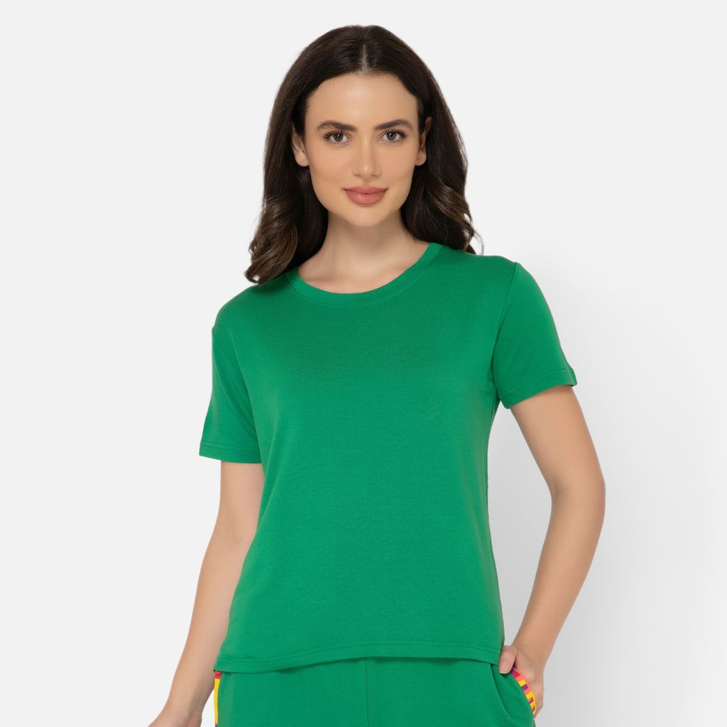 Bummer Women's Round Neck Solid Lounge T-Shirts | Relaxed Fit,Terry Modal & Half-Sleeve Tshirt - Matcha