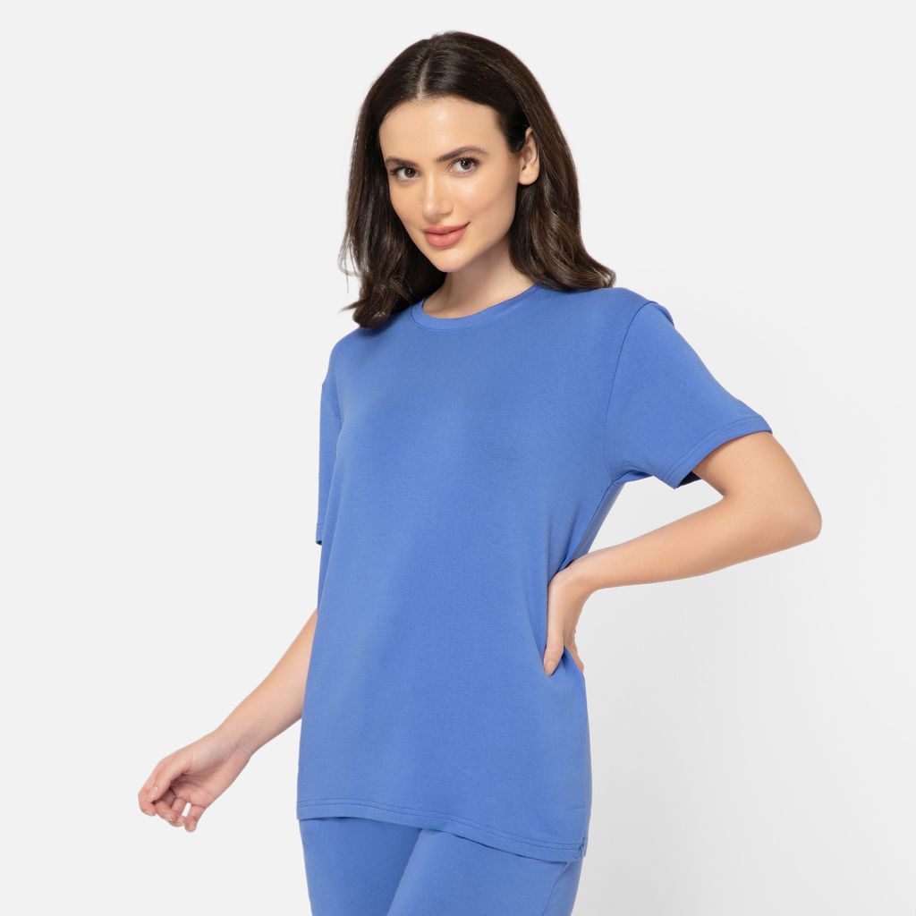 Bummer Women's Round Neck Solid Lounge T-Shirts | Relaxed Fit,Terry Modal & Half-Sleeve Tshirt - Azure