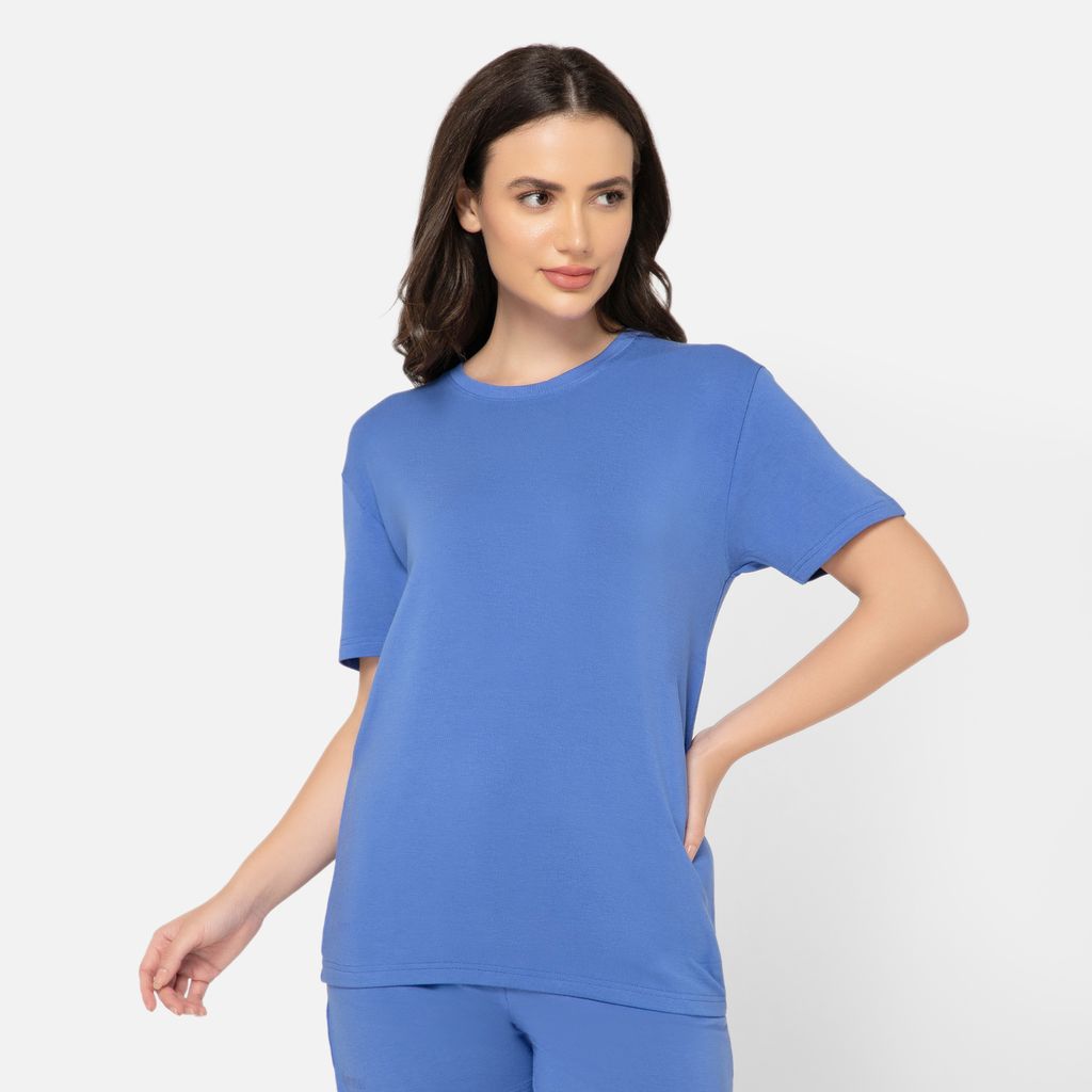 Bummer Women's Round Neck Solid Lounge T-Shirts | Relaxed Fit,Terry Modal & Half-Sleeve Tshirt - Azure