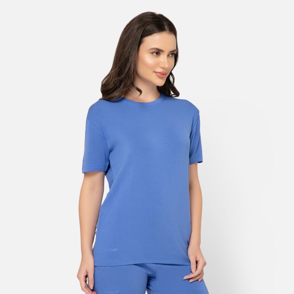 Bummer Women's Round Neck Solid Lounge T-Shirts | Relaxed Fit,Terry Modal & Half-Sleeve Tshirt - Azure