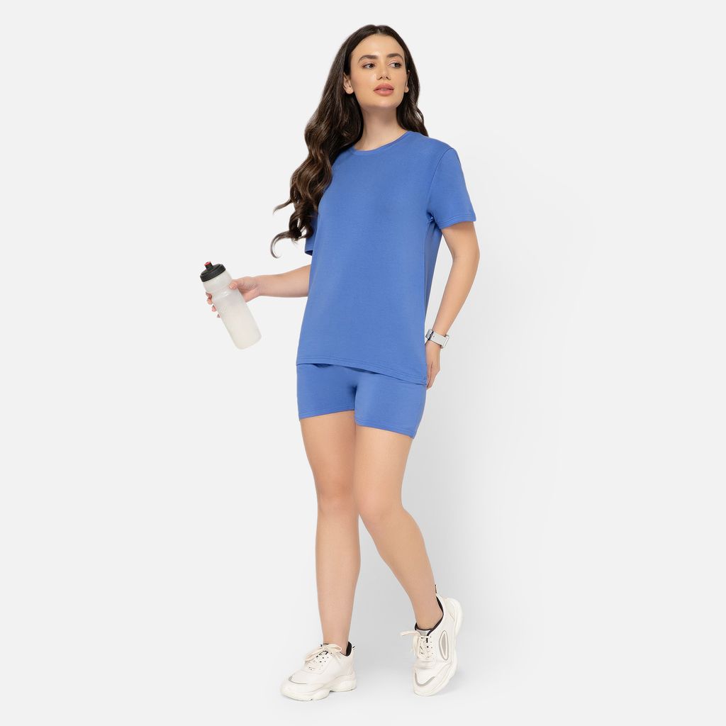Bummer Women's Round Neck Solid Lounge T-Shirts | Relaxed Fit,Terry Modal & Half-Sleeve Tshirt - Azure
