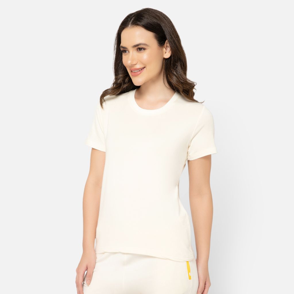 Bummer Women's Round Neck Solid Lounge T-Shirts | Relaxed Fit,Terry Modal & Half-Sleeve Tshirt - Champagne