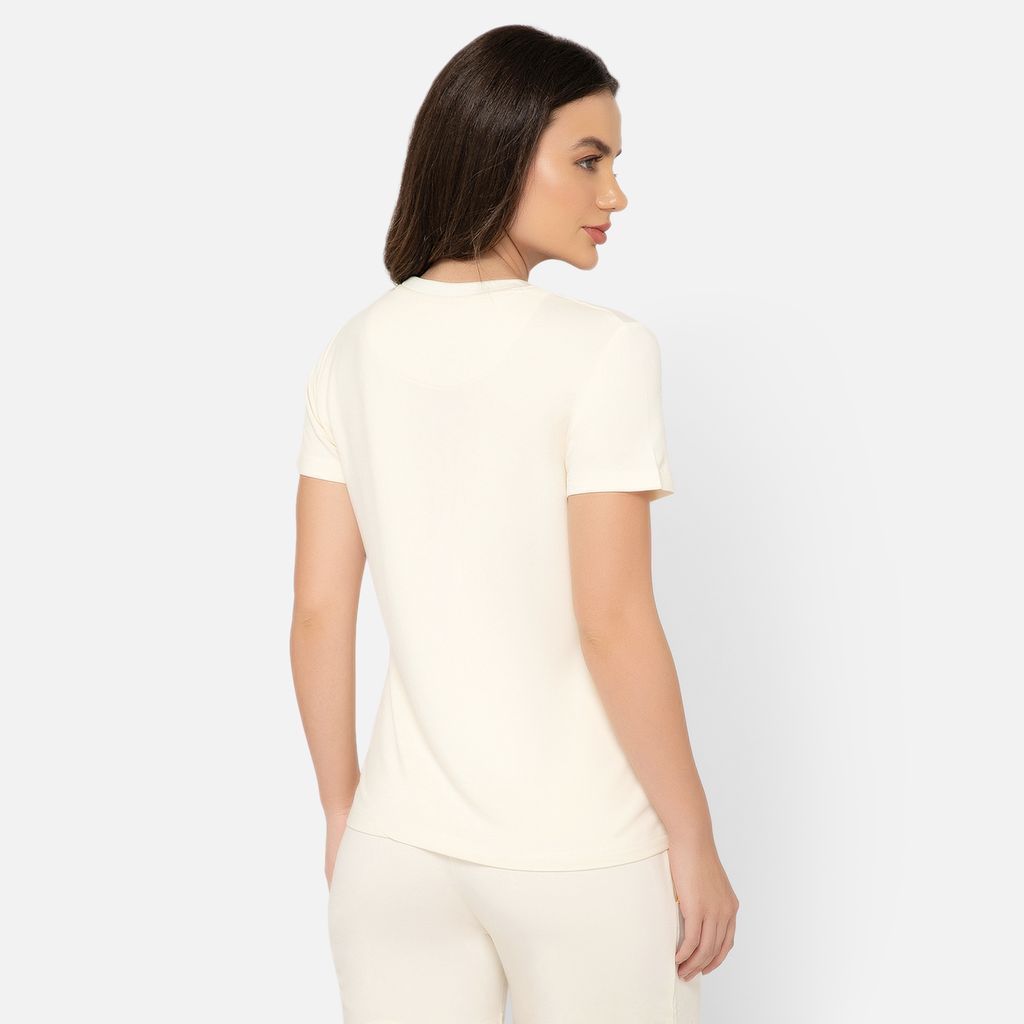 Bummer Women's Round Neck Solid Lounge T-Shirts | Relaxed Fit,Terry Modal & Half-Sleeve Tshirt - Champagne