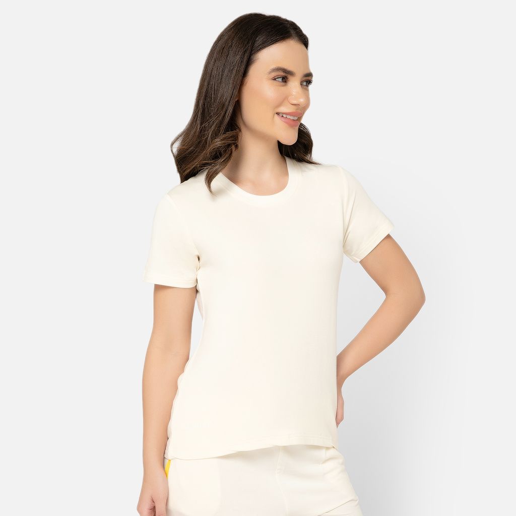 Bummer Women's Round Neck Solid Lounge T-Shirts | Relaxed Fit,Terry Modal & Half-Sleeve Tshirt - Champagne