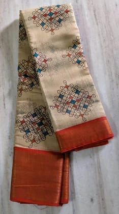  Beige Handloom Pure Cotton Saree With Allover Geometric Prints And Orange Border