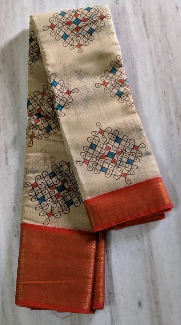  Beige Handloom Pure Cotton Saree With Allover Geometric Prints And Orange Border