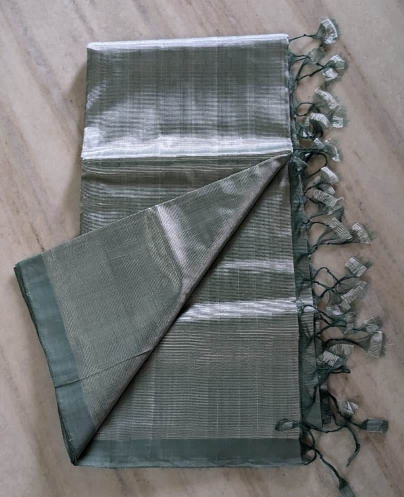 Mangalagiri  Pattu Gray Tissue Saree With Silver Zari Border