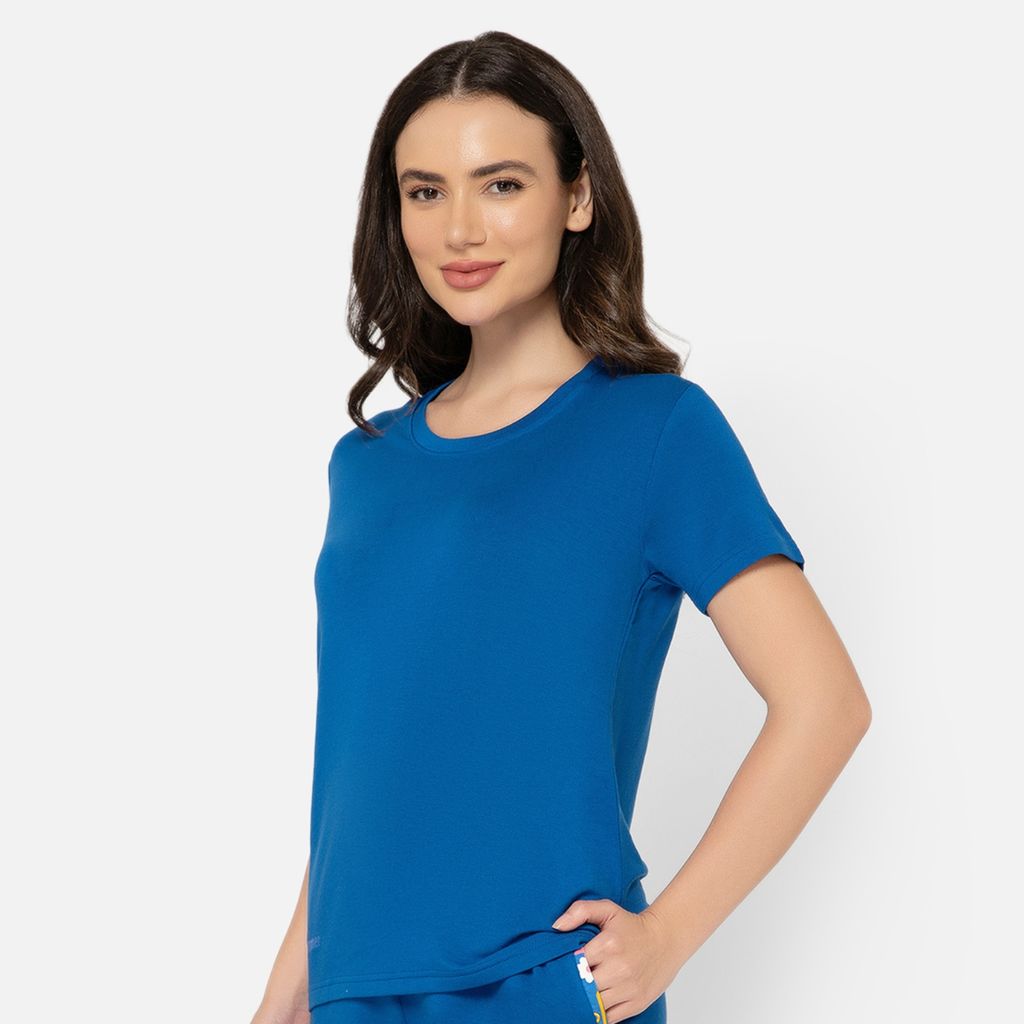 Bummer Women's Round Neck Solid Lounge T-Shirts | Relaxed Fit,Terry Modal & Half-Sleeve Tshirt - Skyfall