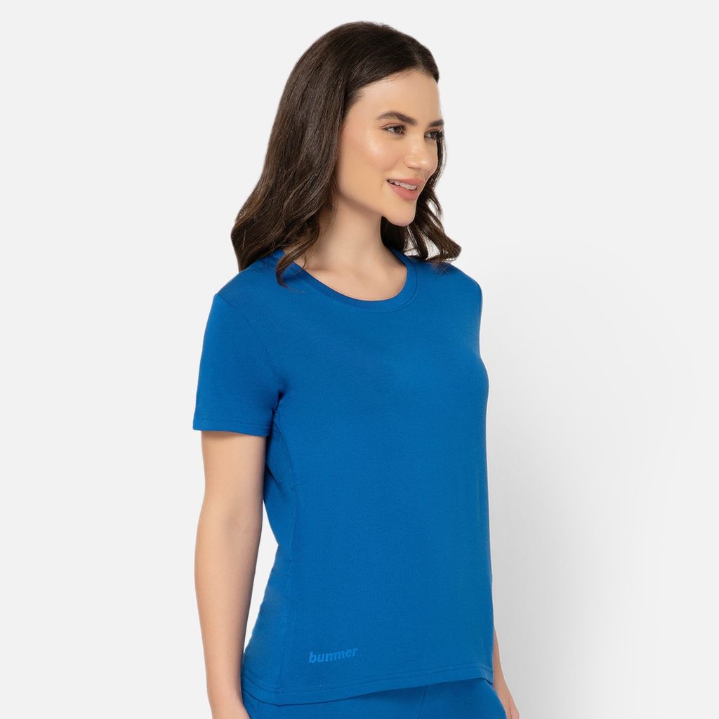 Bummer Women's Round Neck Solid Lounge T-Shirts | Relaxed Fit,Terry Modal & Half-Sleeve Tshirt - Skyfall