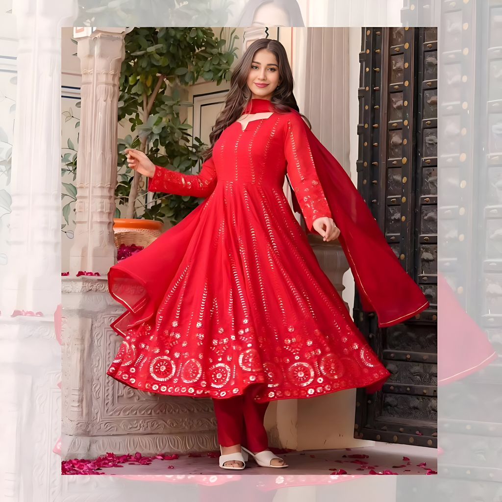 Red Anarkali Suit Set Ready to wear indian salwar kameez Dupatta for women designer pakistani dresses Festival 3 piece