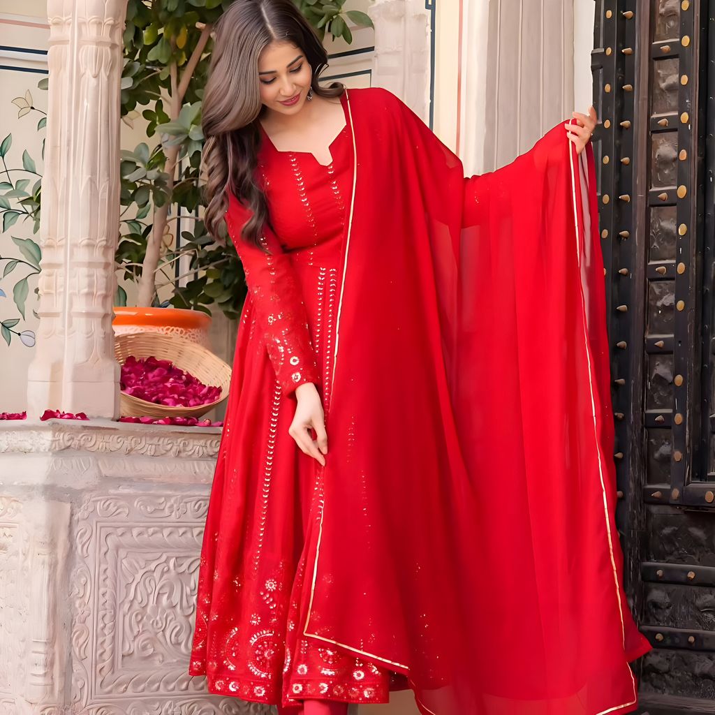 Red Anarkali Suit Set Ready to wear indian salwar kameez Dupatta for women designer pakistani dresses Festival 3 piece