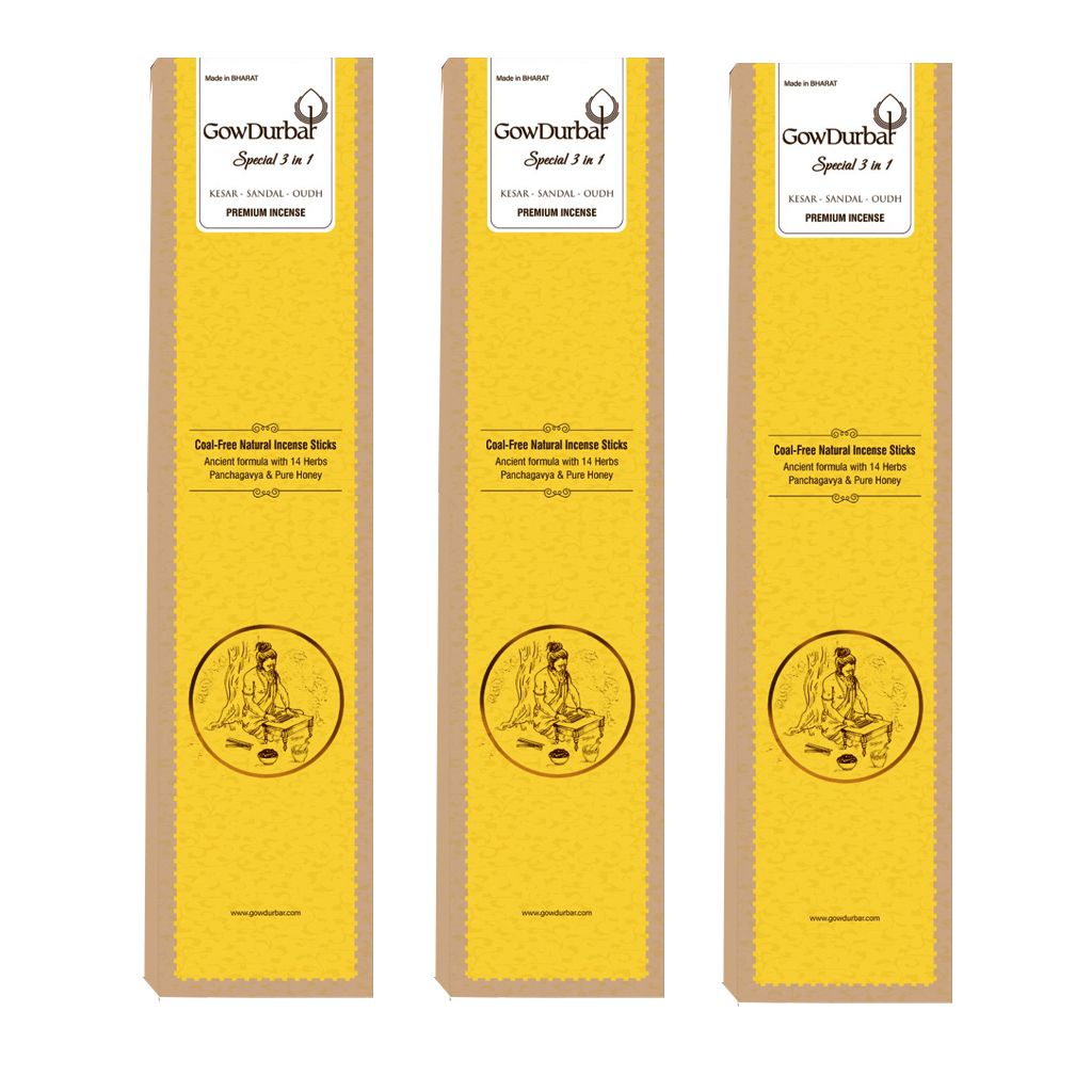 GOW DURBAR PREMIUM 3 IN 1 (Kesar , Sandal , Oudh) INCENSE Pack of 3