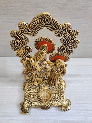 GiftNagri Gold Plated Metal Handicraft Radha Krishna Murti Home Decor Hindu God Idol with Diya for Home Temple Office Shop Puja Use and Festive Gift