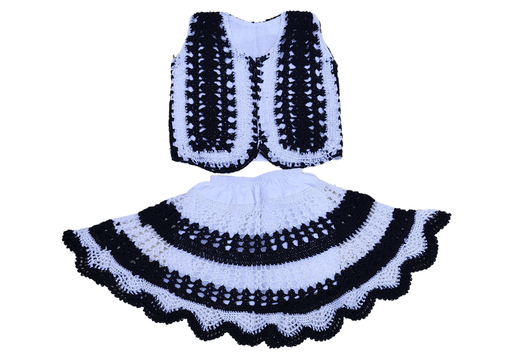 Handmade crochet baby girl's vest and skirt set (White & Black)