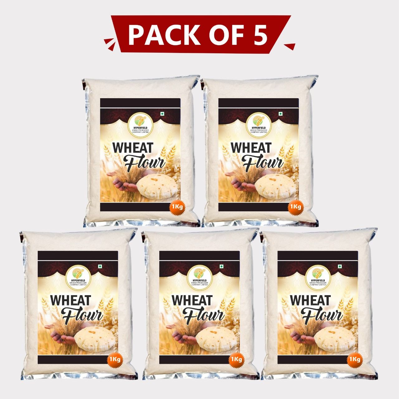 Wheat Flour 5 Kg (Pack of 5 x 1 Kg) by Hyperfield Krishi Producer – Pure, Natural & Farm-Fresh Atta for Daily Cooking. 