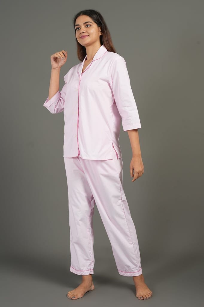 Elegant Women BREATHABLES Women Cotton Nightsuit Shirt and Pants Co-ord Set 3/4 Sleeve Notched C