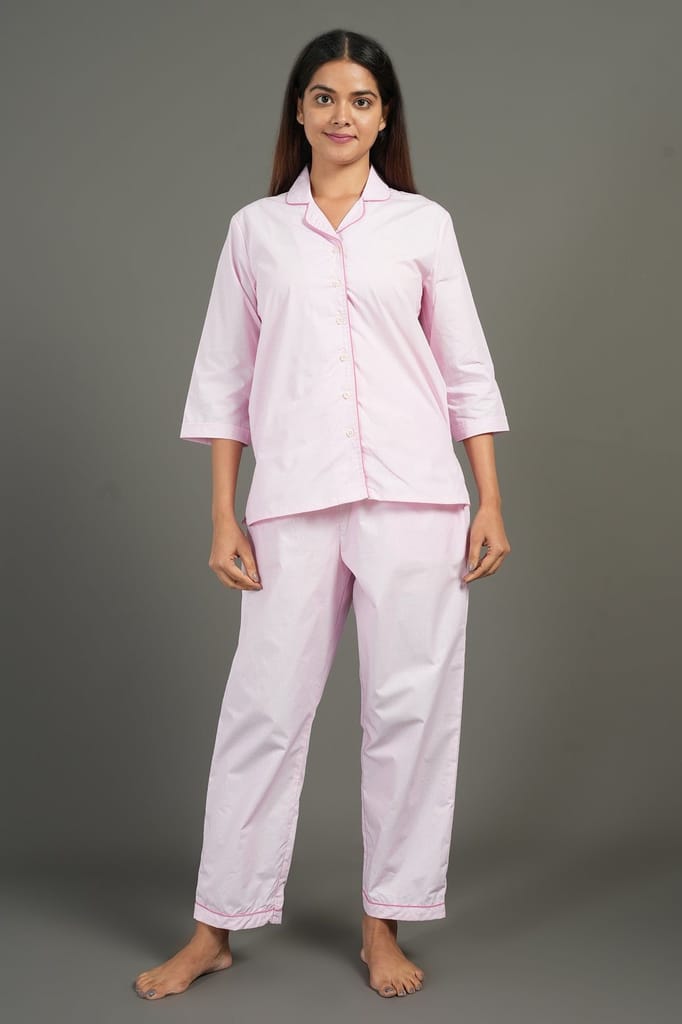 Elegant Women BREATHABLES Women Cotton Nightsuit Shirt and Pants Co-ord Set 3/4 Sleeve Notched C