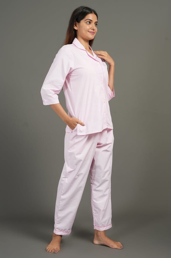 Elegant Women BREATHABLES Women Cotton Nightsuit Shirt and Pants Co-ord Set 3/4 Sleeve Notched C