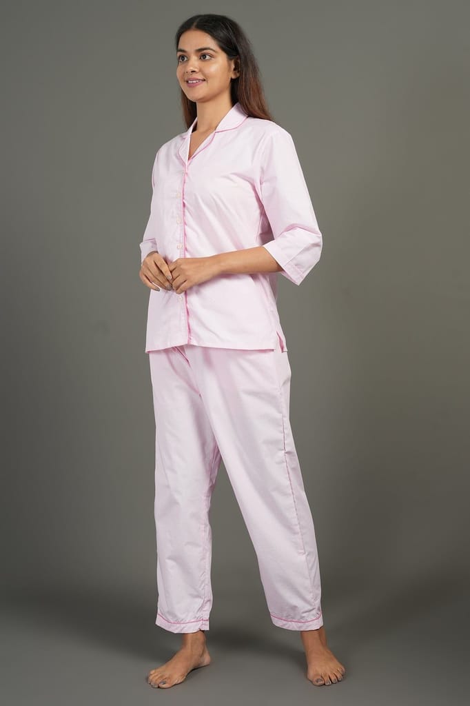 Elegant Women BREATHABLES Women Cotton Nightsuit Shirt and Pants Co-ord Set 3/4 Sleeve Notched C