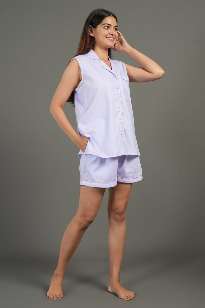 Exclusive Women BREATHABLES Women Cotton Nightsuit Shirt and Shorts Co-ord Set Sleeveless Notche
