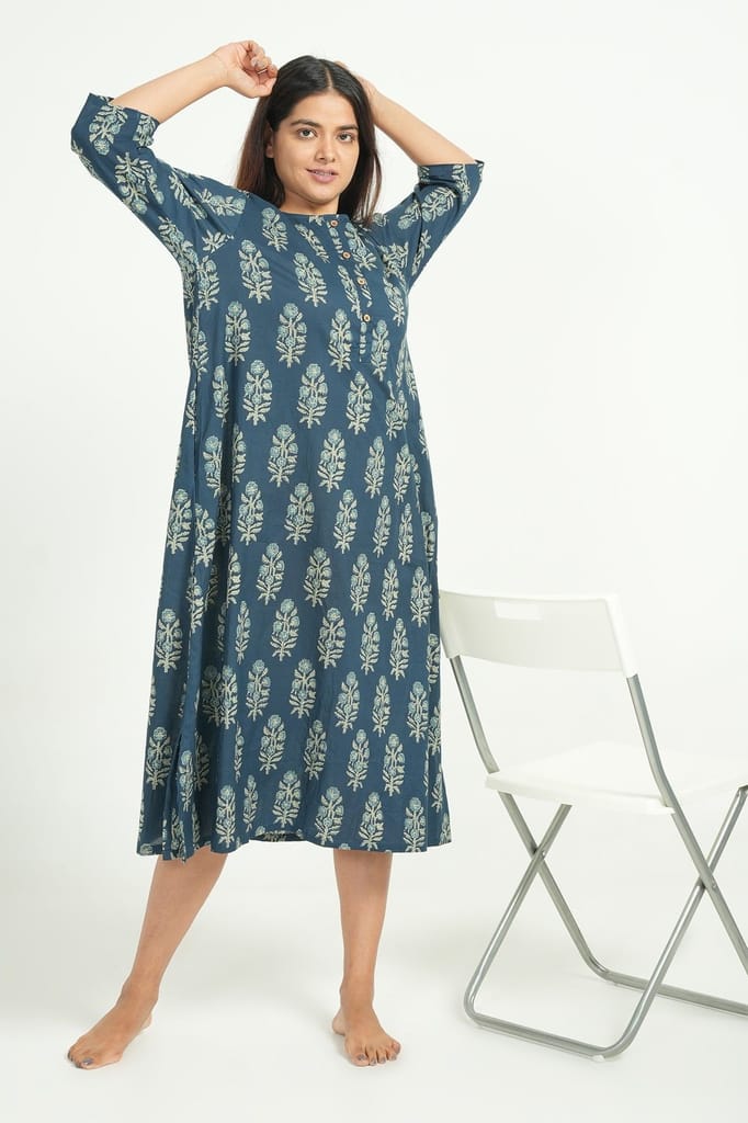 New Women BREATHABLES Women Cotton Printed Loungewear Dress Short Sleeve Round Neck Comfort Loos