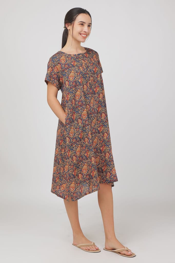 Luxurious Women BREATHABLES Women Cotton Printed Loungewear Dress Short Sleeve Round Neck Comfor