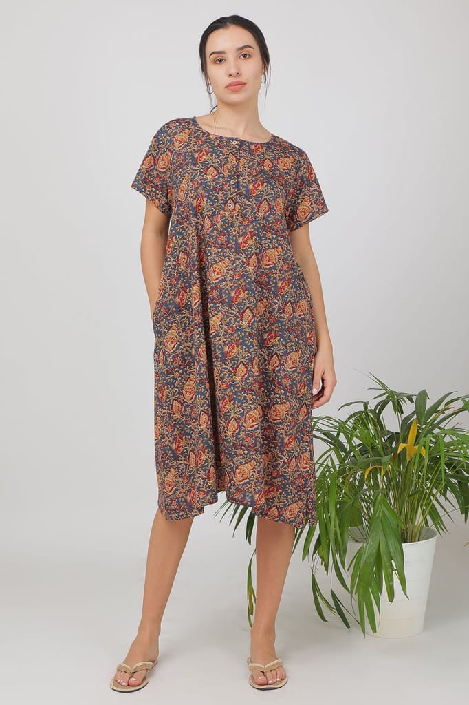 Luxurious Women BREATHABLES Women Cotton Printed Loungewear Dress Short Sleeve Round Neck Comfor