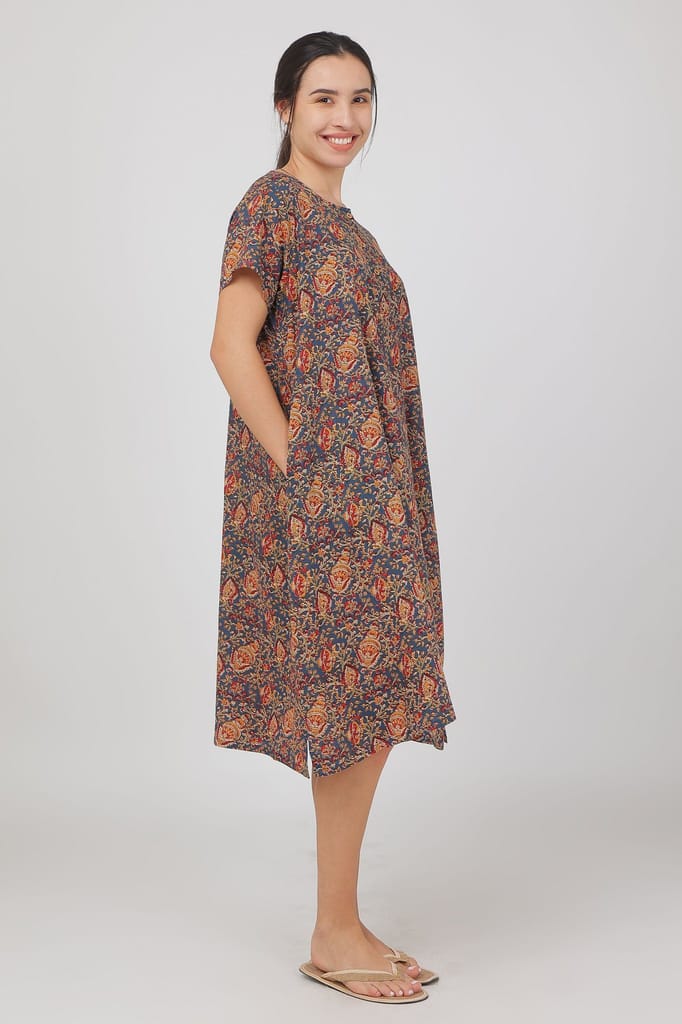 Luxurious Women BREATHABLES Women Cotton Printed Loungewear Dress Short Sleeve Round Neck Comfor