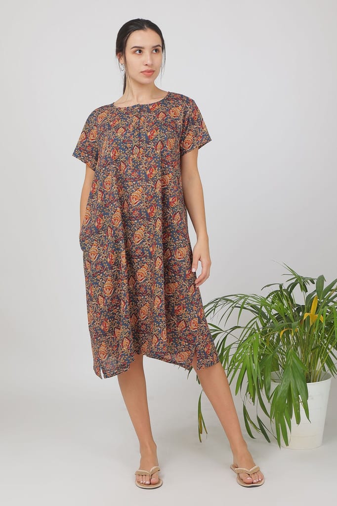 Luxurious Women BREATHABLES Women Cotton Printed Loungewear Dress Short Sleeve Round Neck Comfor