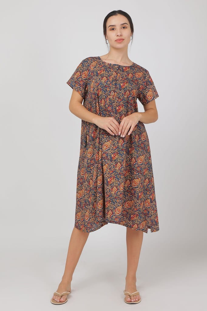 Luxurious Women BREATHABLES Women Cotton Printed Loungewear Dress Short Sleeve Round Neck Comfor