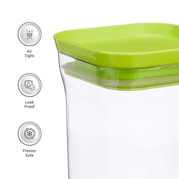 Airtight Food Storage Containers with Square Shape and Green Lids, Set of 2 (1.5L + 2.3L)