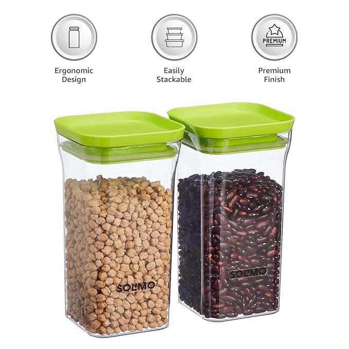 Airtight Food Storage Containers with Square Shape and Green Lids, Set of 2 (1.5L + 2.3L)